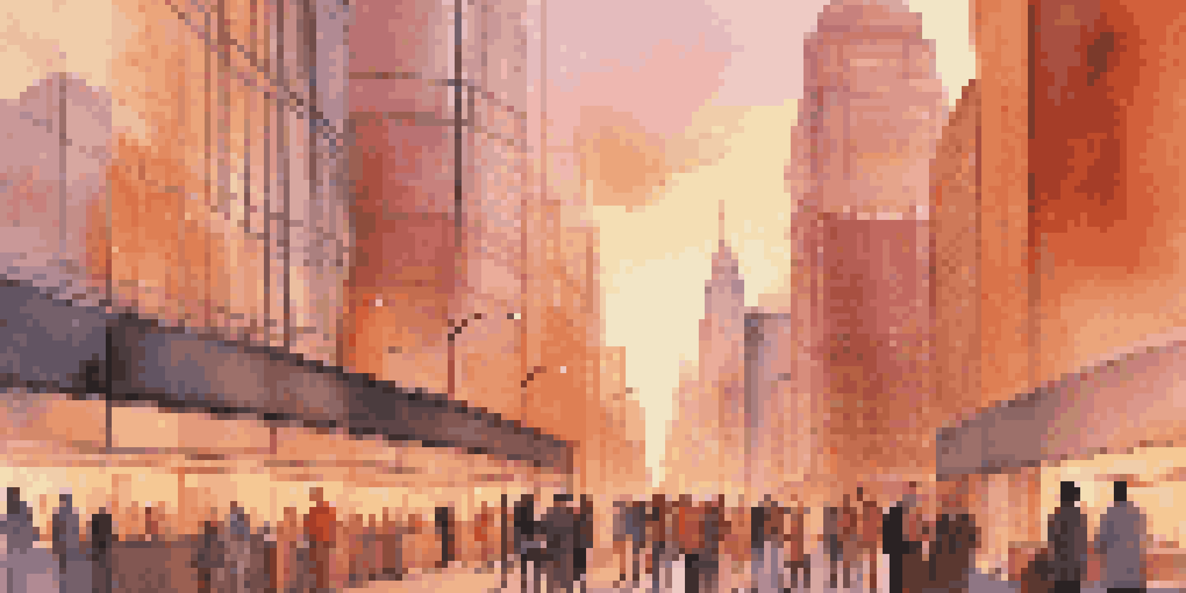 A city skyline at sunset with people using technology, symbolizing the connection to capital markets.