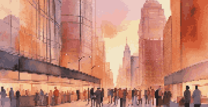 A city skyline at sunset with people using technology, symbolizing the connection to capital markets.