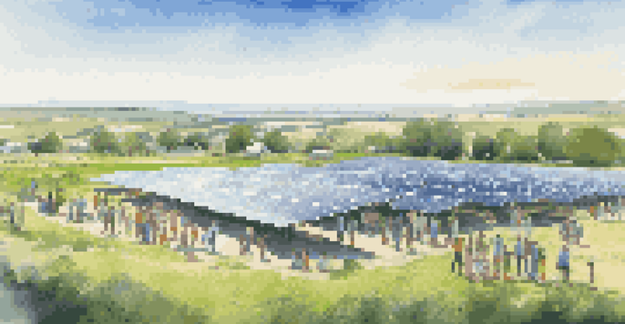 A solar farm with solar panels in a green landscape, with diverse people discussing renewable energy.