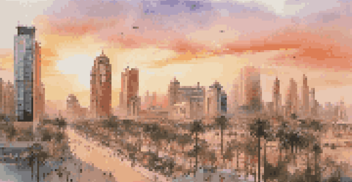 A sunset view of a modern Middle Eastern city skyline with skyscrapers and palm trees in the foreground.