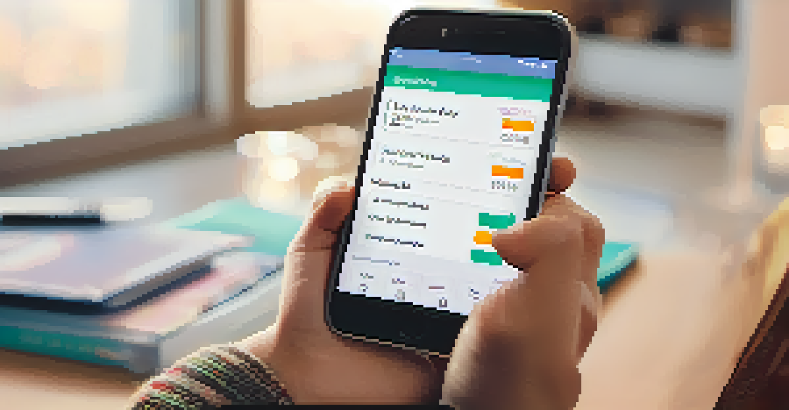 Close-up of hands holding a smartphone with a budgeting app, set against a cozy living room backdrop.
