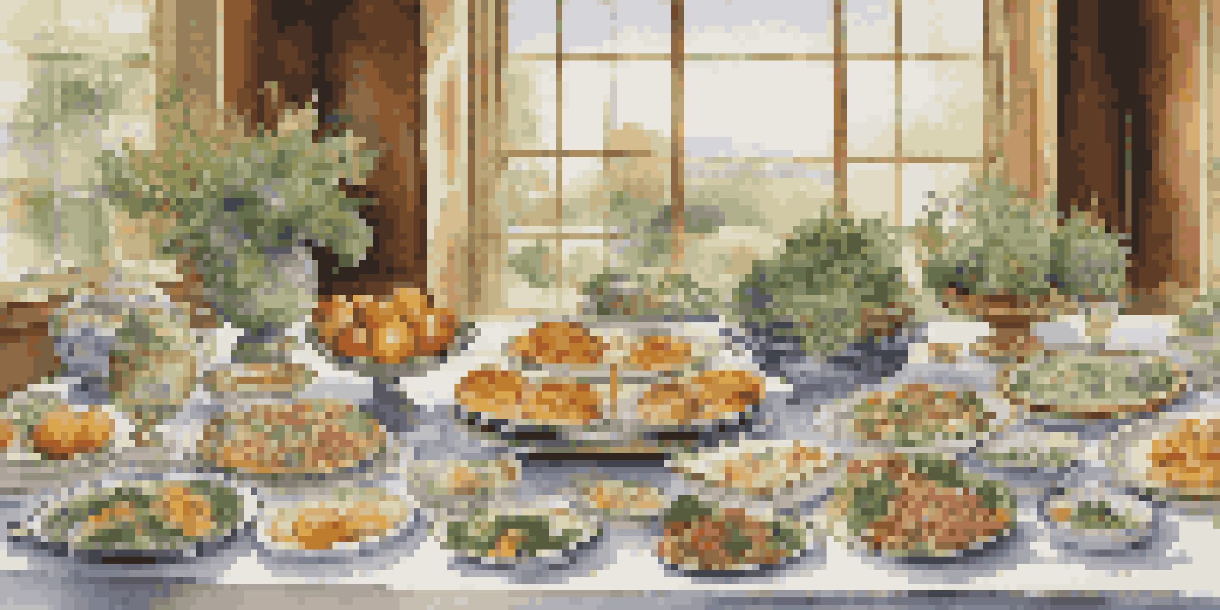 A buffet table displaying various dishes, each representing different investment assets like stocks and bonds, set in a lush green landscape.