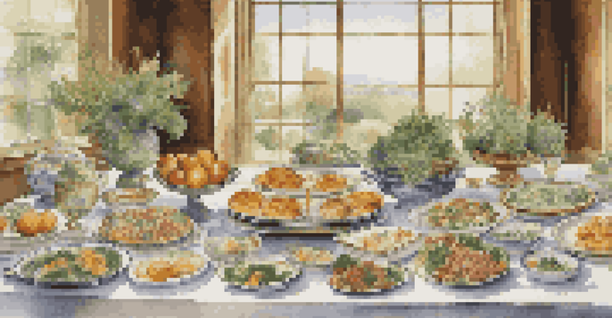 A buffet table displaying various dishes, each representing different investment assets like stocks and bonds, set in a lush green landscape.