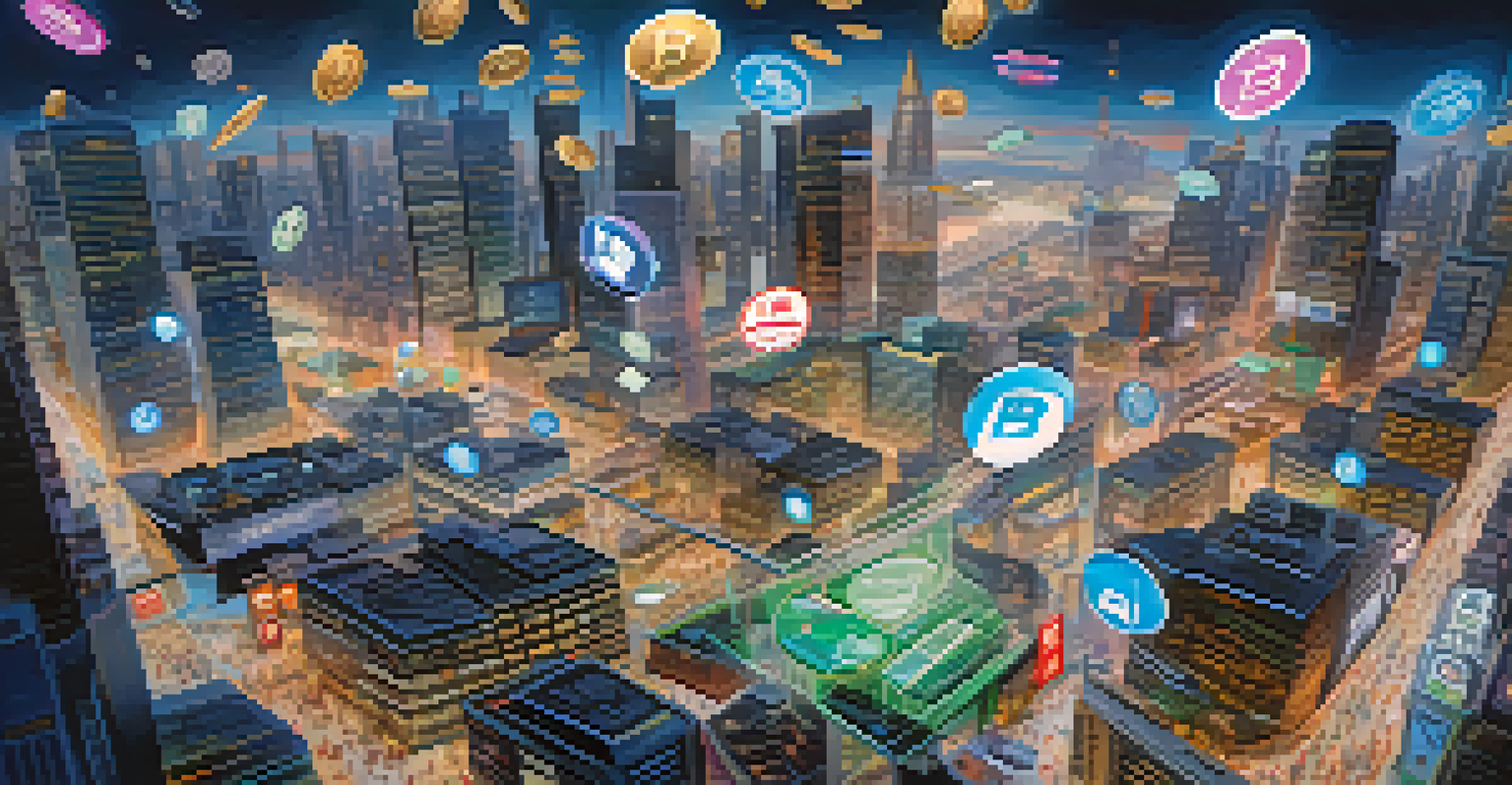 A vibrant futuristic city with holograms of digital currencies and people using mobile devices, depicting advanced financial technology.