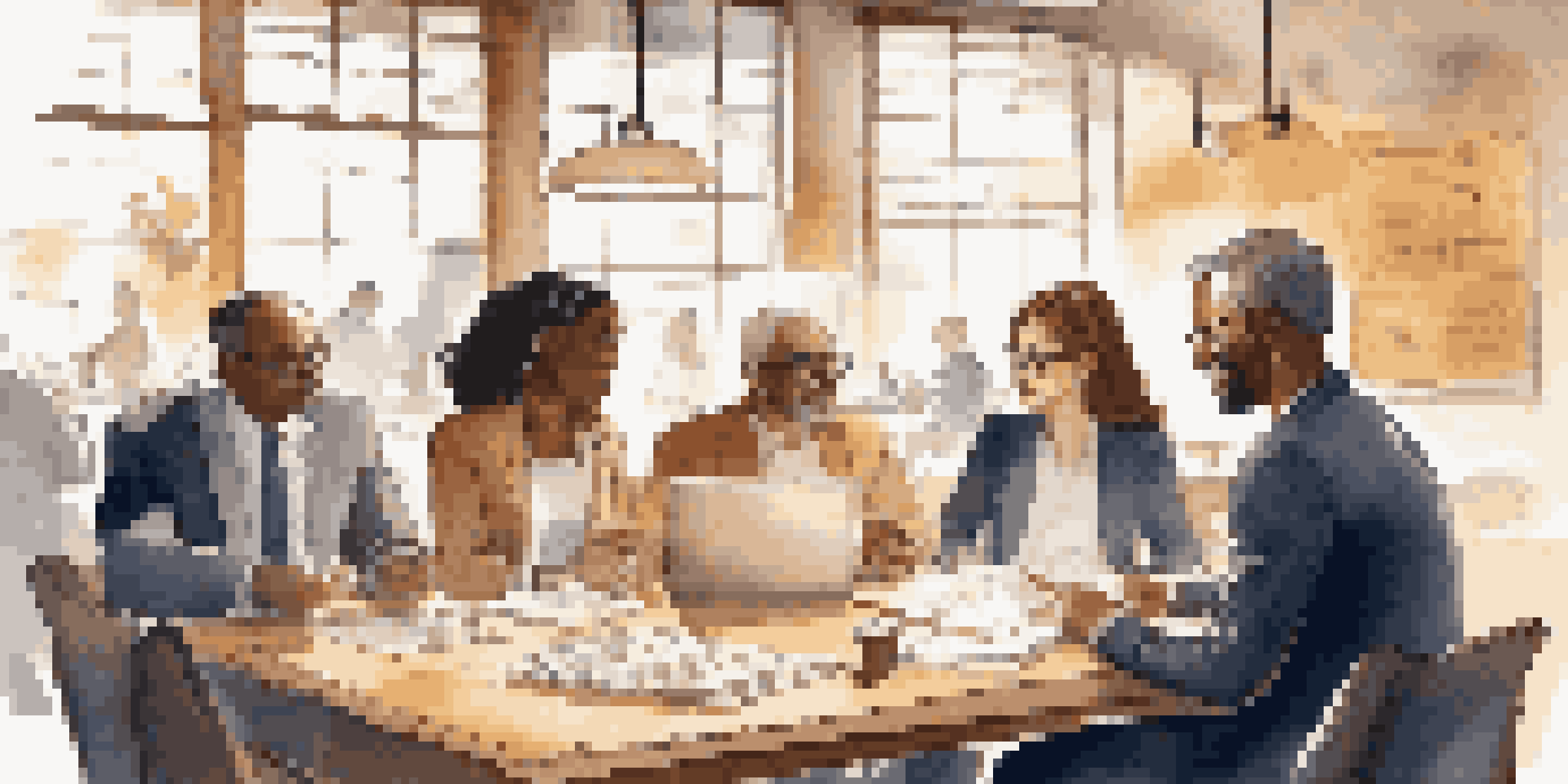 A diverse group of investors engaged in discussion at a cafe, surrounded by charts and notebooks.