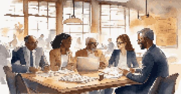 A diverse group of investors engaged in discussion at a cafe, surrounded by charts and notebooks.