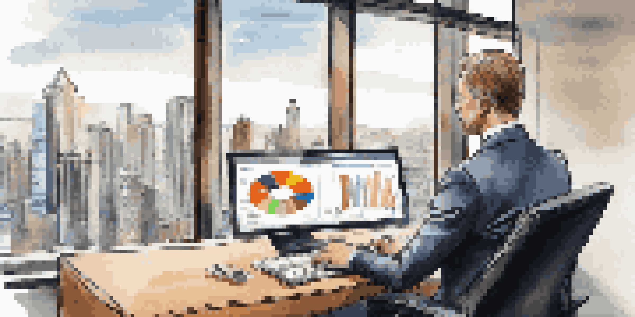 A financial advisor analyzing a digital tablet with a pie chart in a bright modern office with a city view.