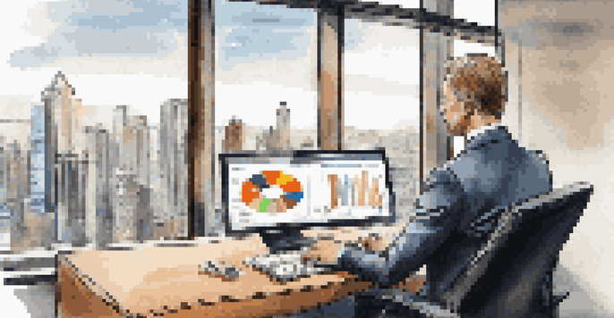 A financial advisor analyzing a digital tablet with a pie chart in a bright modern office with a city view.