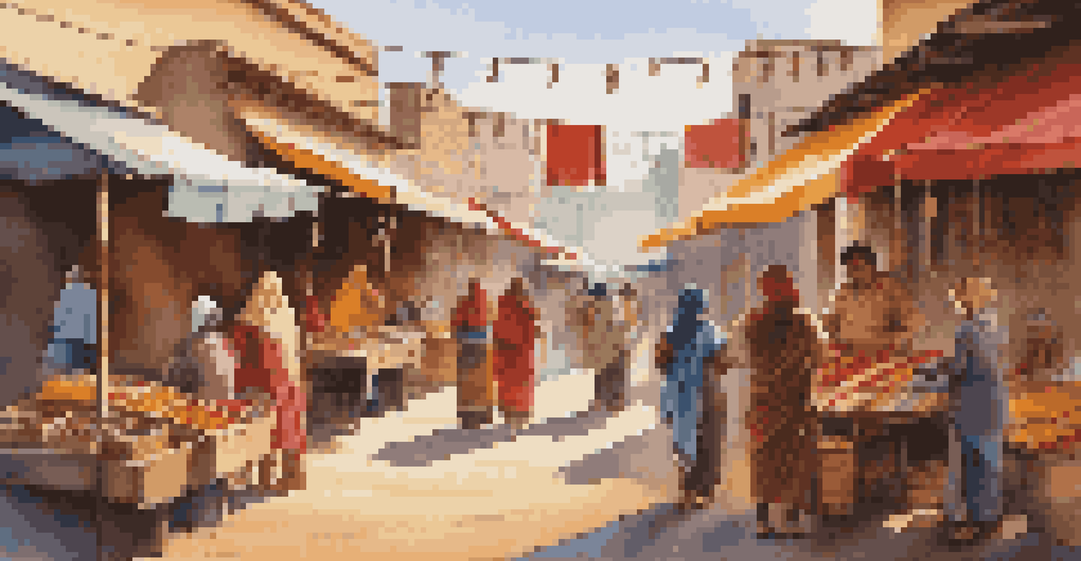 A vibrant indigenous art market with traditional artisans showcasing colorful crafts and visitors interacting with them under fabric awnings.