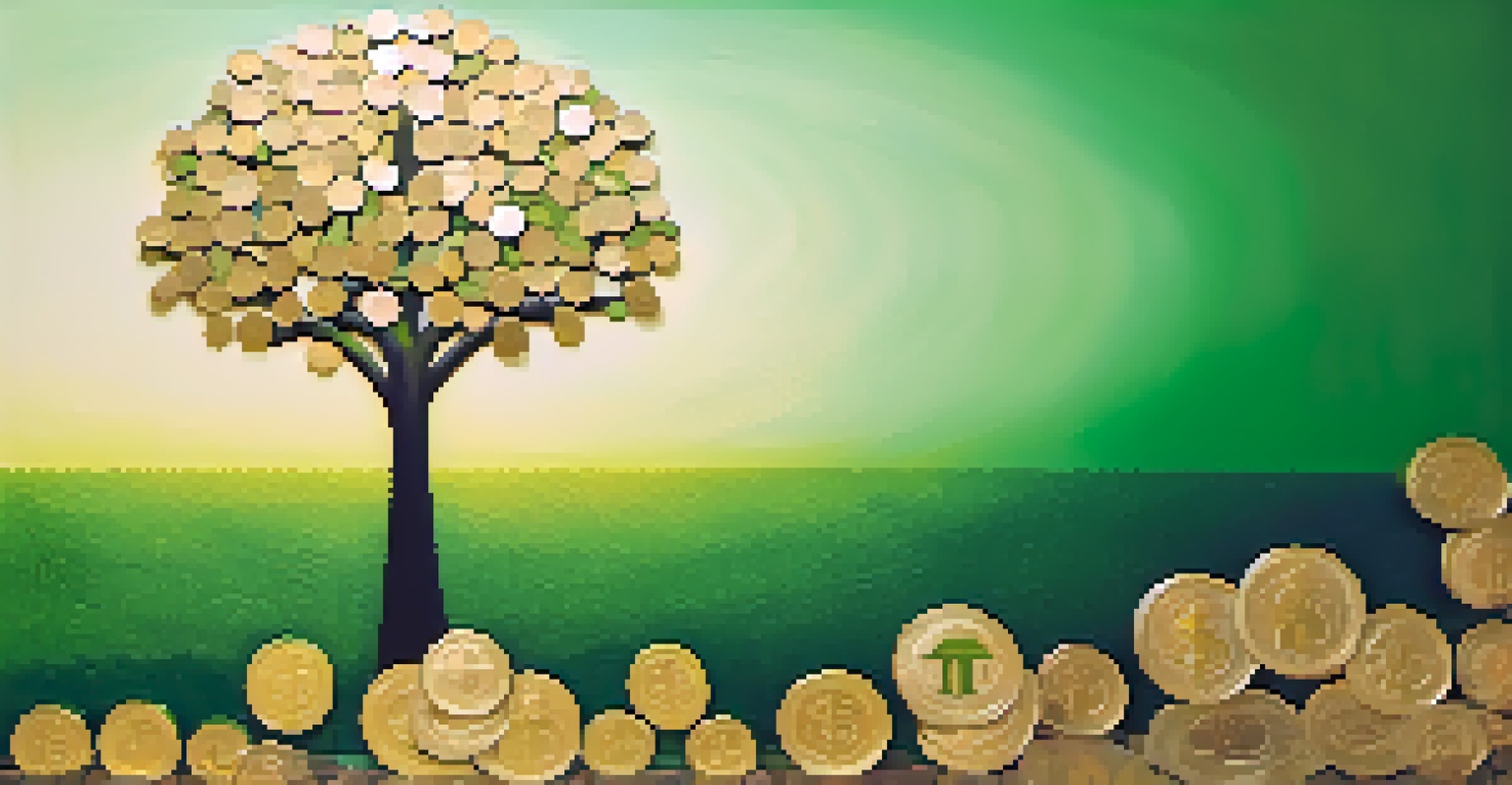 An abstract tree with currency symbol leaves against a gradient background of green and gold, symbolizing financial growth.