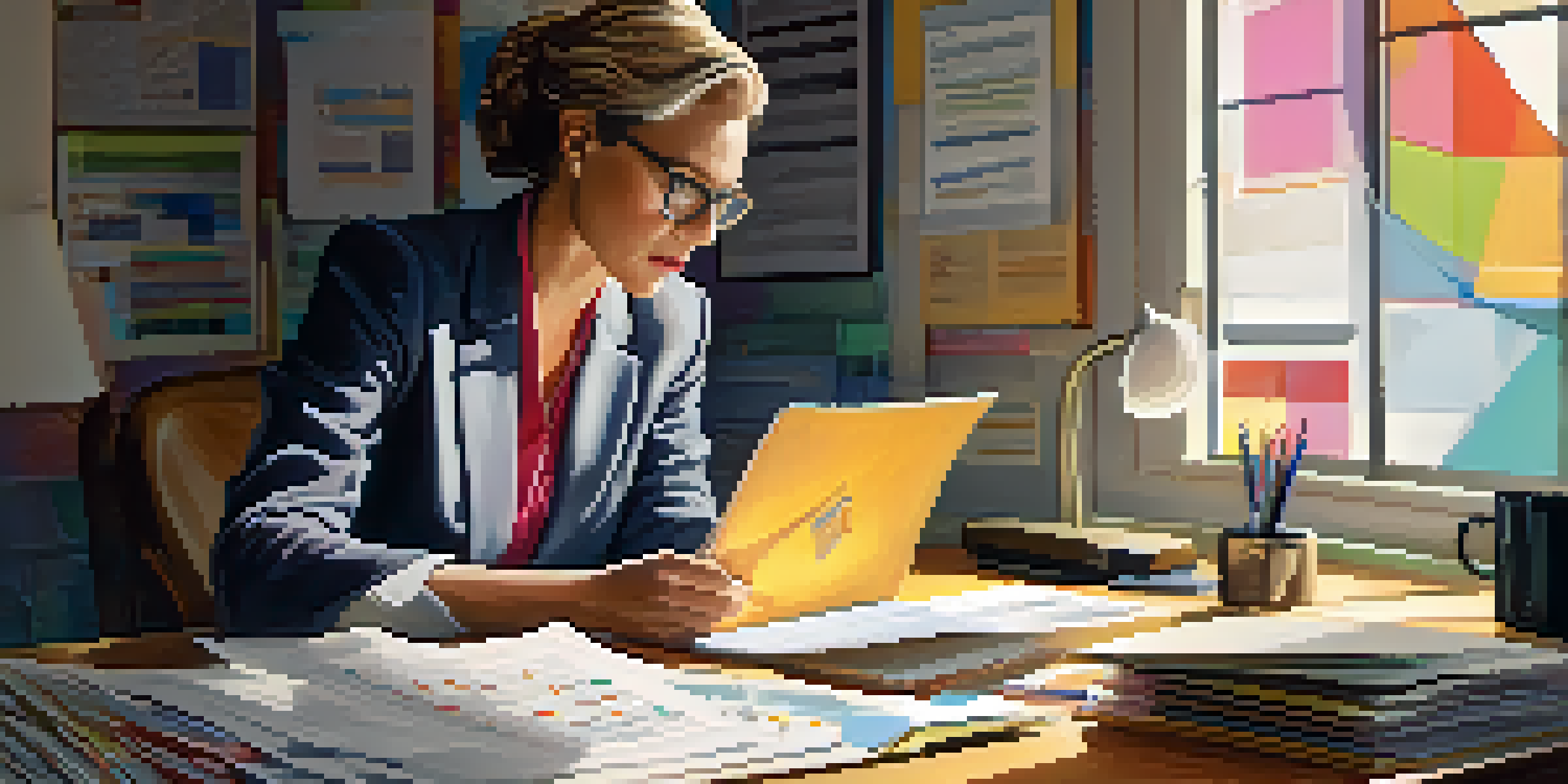 A business analyst working intently at a desk filled with financial documents and a laptop showing colorful graphs, illuminated by soft natural light.