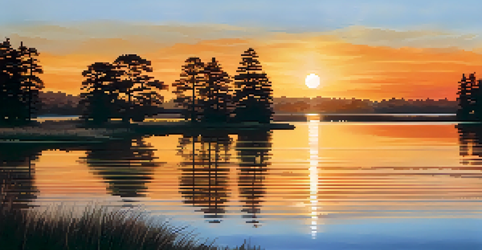 A picturesque sunset over a calm lake with silhouetted trees and warm colors reflecting on the water.
