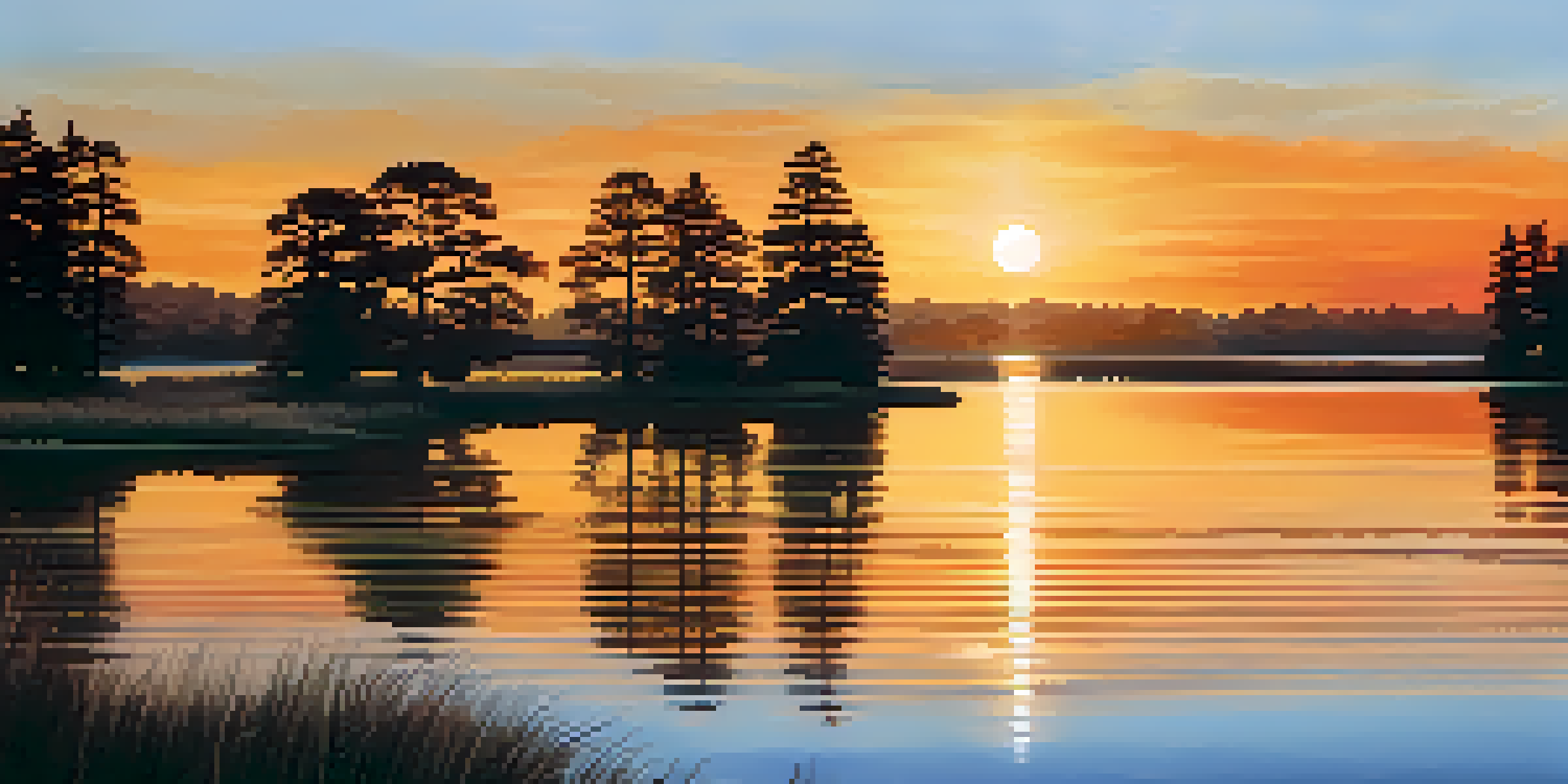 A picturesque sunset over a calm lake with silhouetted trees and warm colors reflecting on the water.