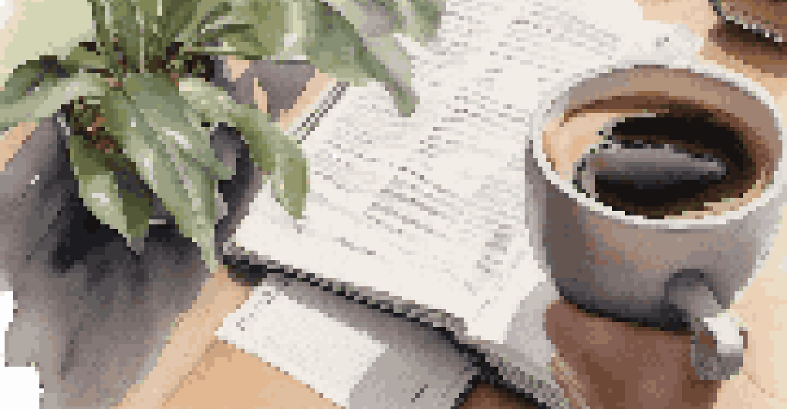 Close-up of hands writing in a financial journal with a cup of coffee, conveying mindfulness and planning.