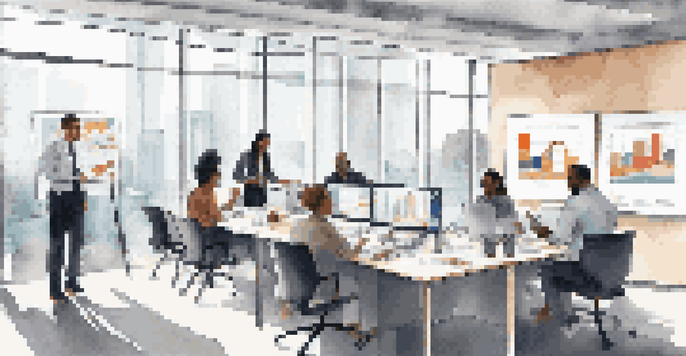 A diverse group of professionals in a bright office engaged in a compliance training session, with charts displayed on a screen.