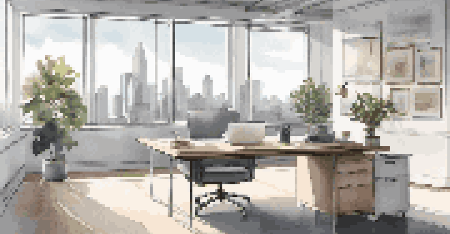 A modern office space with a wooden desk, a laptop, and a city skyline visible through large windows, illuminated by natural light.