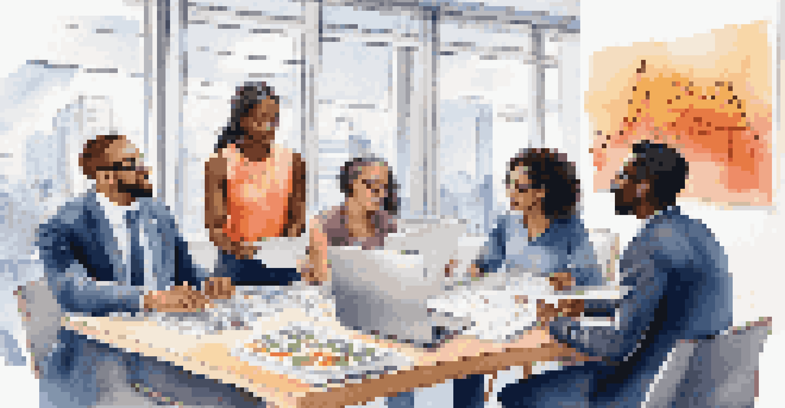 A diverse group of people discussing financial goals at a table filled with laptops and charts in a bright office.