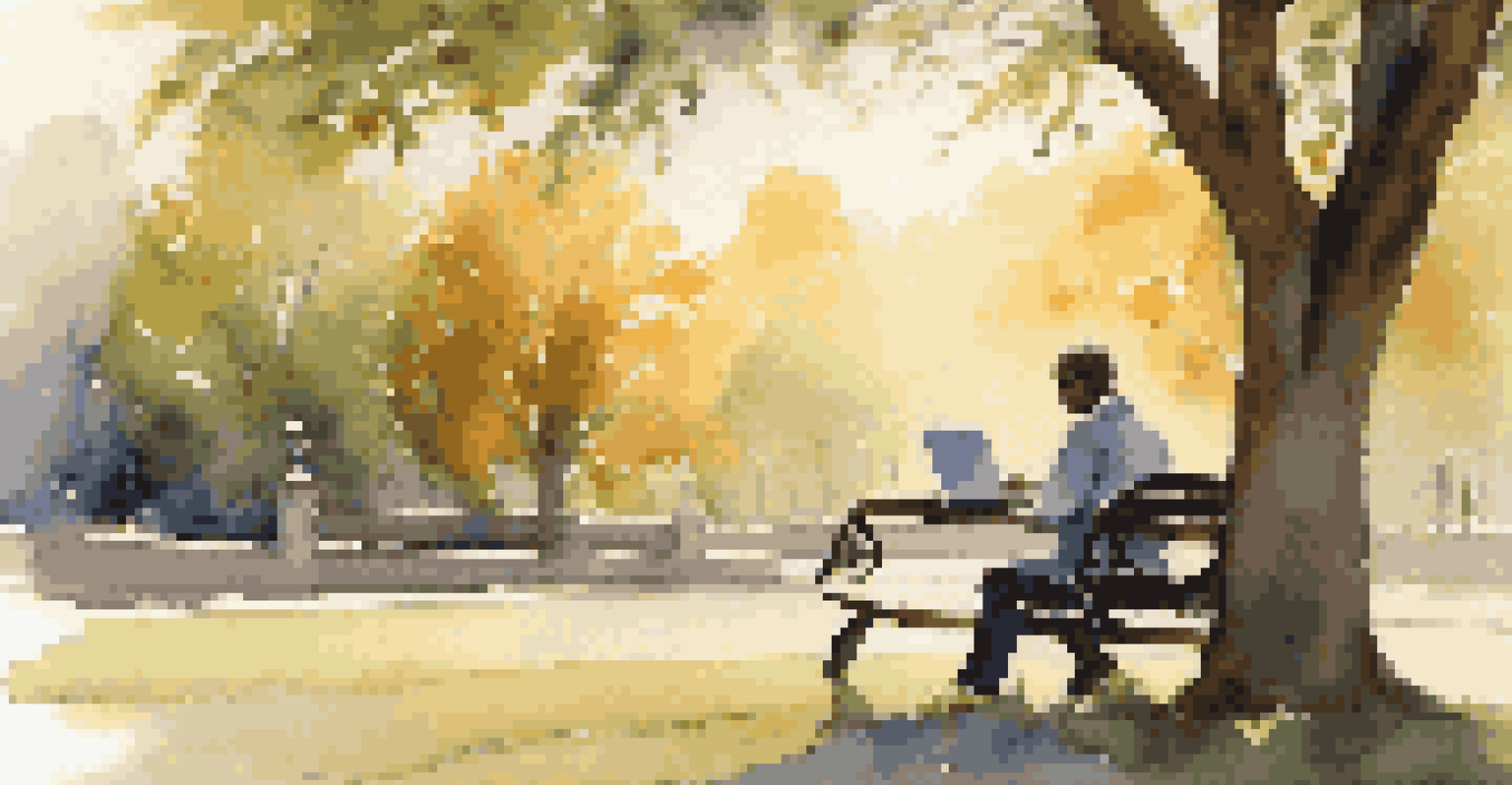A person sitting on a park bench with a laptop, reviewing finances under a sunset.