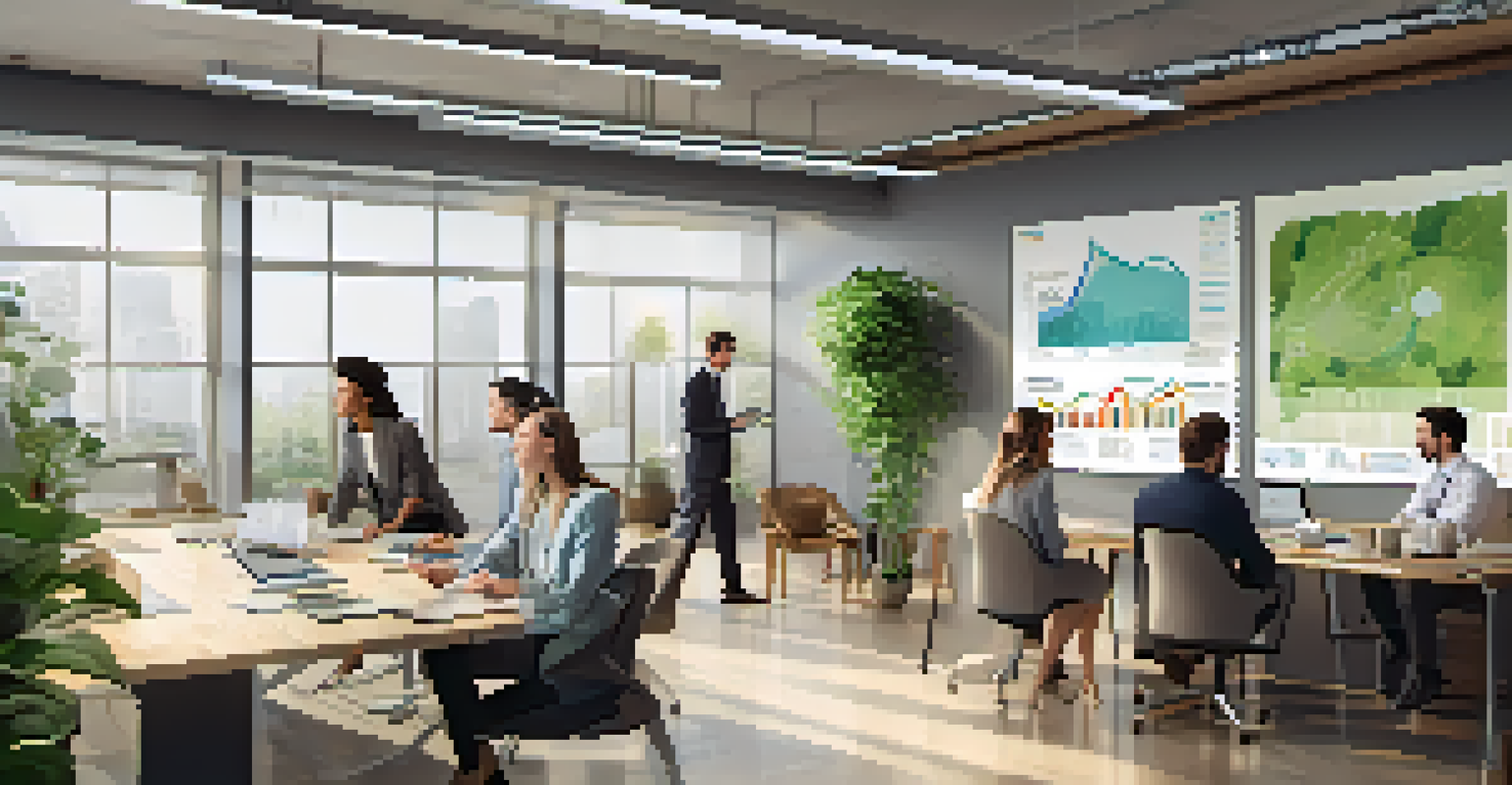 A diverse group of professionals in a bright office discussing impact investing, with charts and plants in the background, highlighting sustainability.