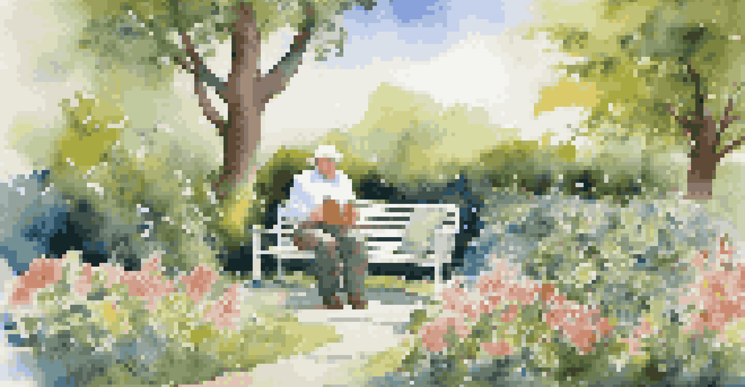 A retiree reading a book about retirement planning in a lush garden.