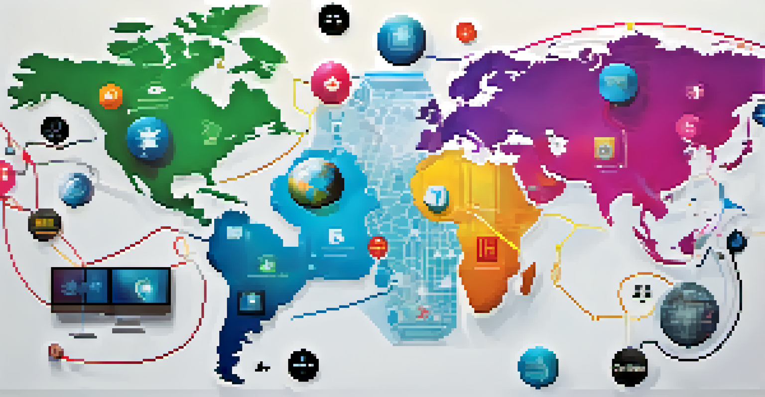 An abstract image displaying interconnected digital icons representing AI, blockchain, and IoT on a world map background.