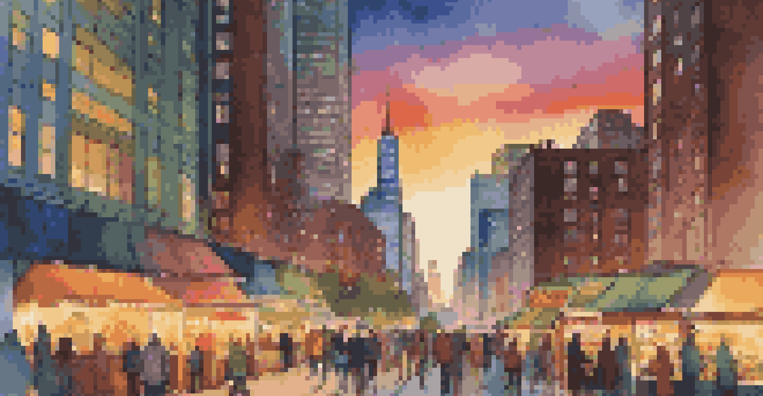 A vibrant city skyline at dusk with illuminated skyscrapers, a bustling street, and a food truck.