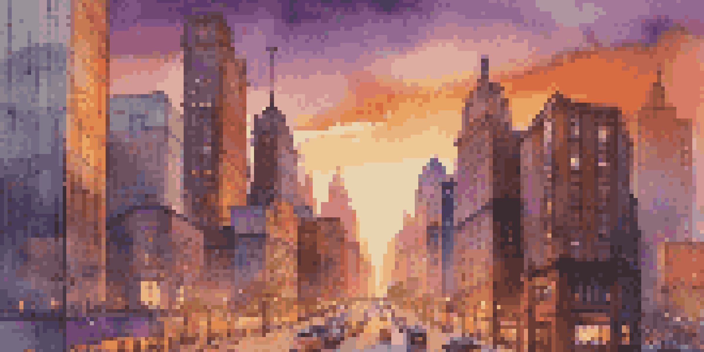 A city skyline during sunset with a blend of modern and classic buildings, a colorful sky, and busy streets filled with people and vehicles.
