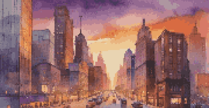 A city skyline during sunset with a blend of modern and classic buildings, a colorful sky, and busy streets filled with people and vehicles.