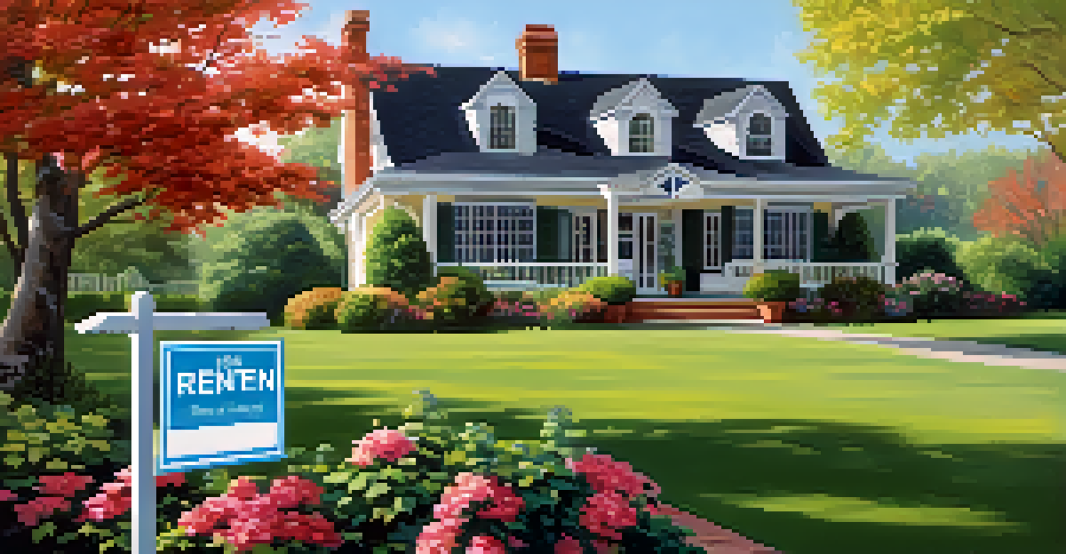 A beautiful residential property with a garden and a 'For Rent' sign in front, showcasing a welcoming atmosphere.