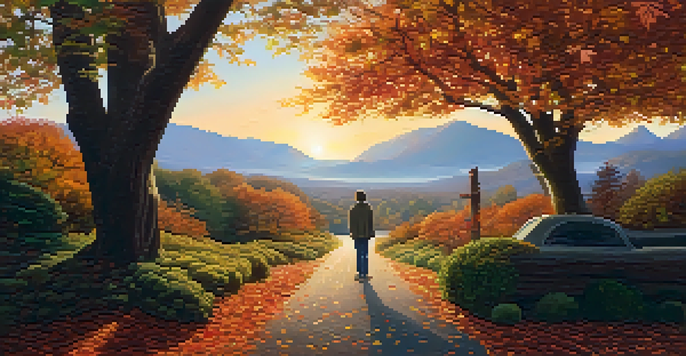 A person standing at a crossroads in a scenic landscape during sunset, symbolizing life transitions.