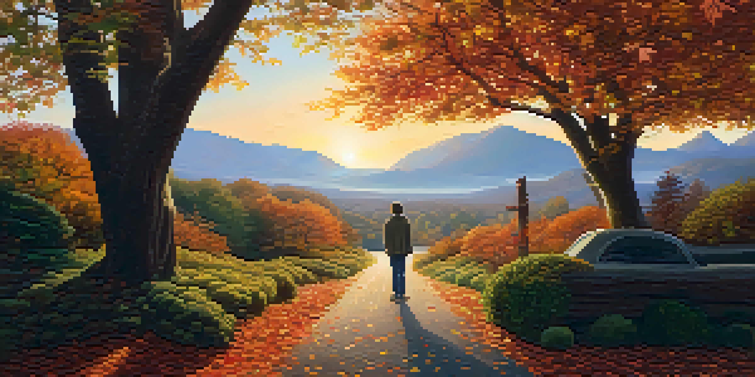 A person standing at a crossroads in a scenic landscape during sunset, symbolizing life transitions.