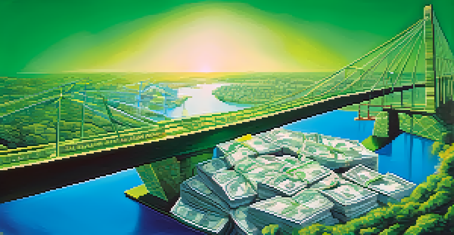 An abstract illustration of private equity as a bridge made of dollar bills connecting innovation and investment.