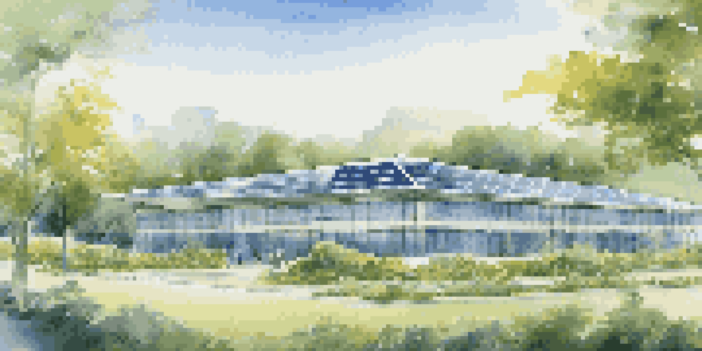 A modern office building surrounded by greenery and solar panels, with people enjoying outdoor activities.