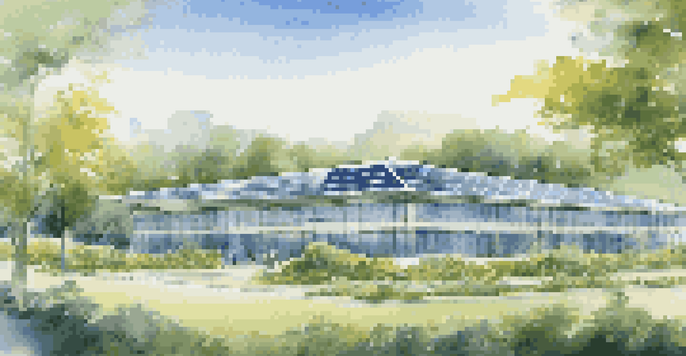 A modern office building surrounded by greenery and solar panels, with people enjoying outdoor activities.