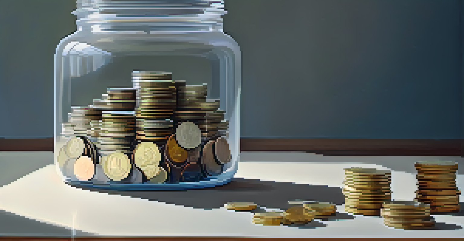 A glass jar filled with coins surrounded by financial statements, symbolizing transparency.