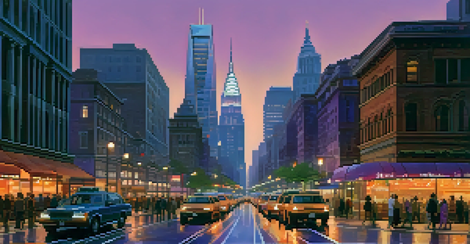 A peaceful financial district during dusk with skyscrapers and a busy street.