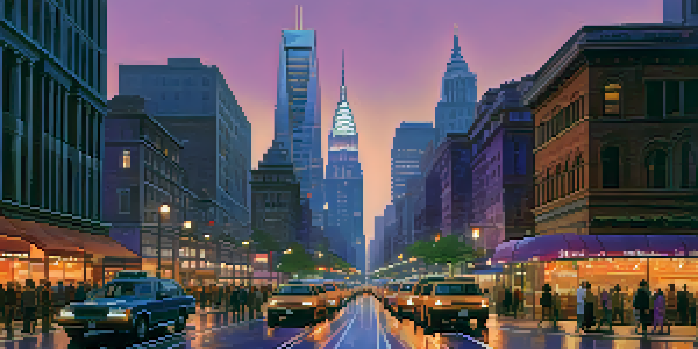 A peaceful financial district during dusk with skyscrapers and a busy street.