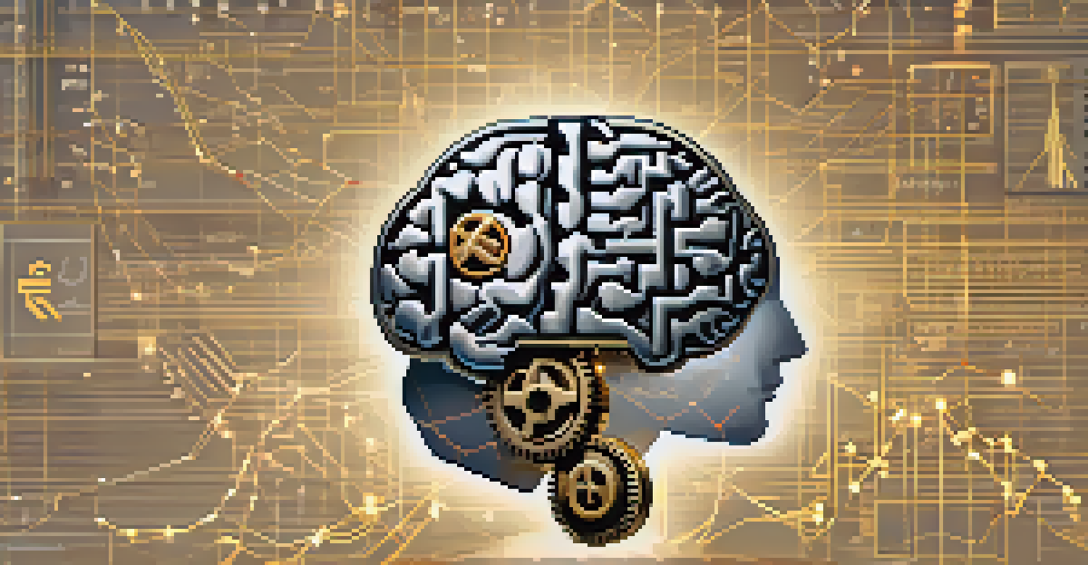 An artistic image of a brain with gears and currency symbols, representing psychological factors in investment.