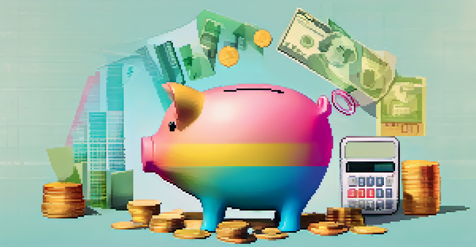 A colorful piggy bank with financial symbols such as charts and coins in a gradient background, representing savings and financial security.