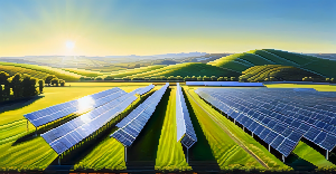 A solar farm with solar panels in a lush landscape under a clear blue sky.