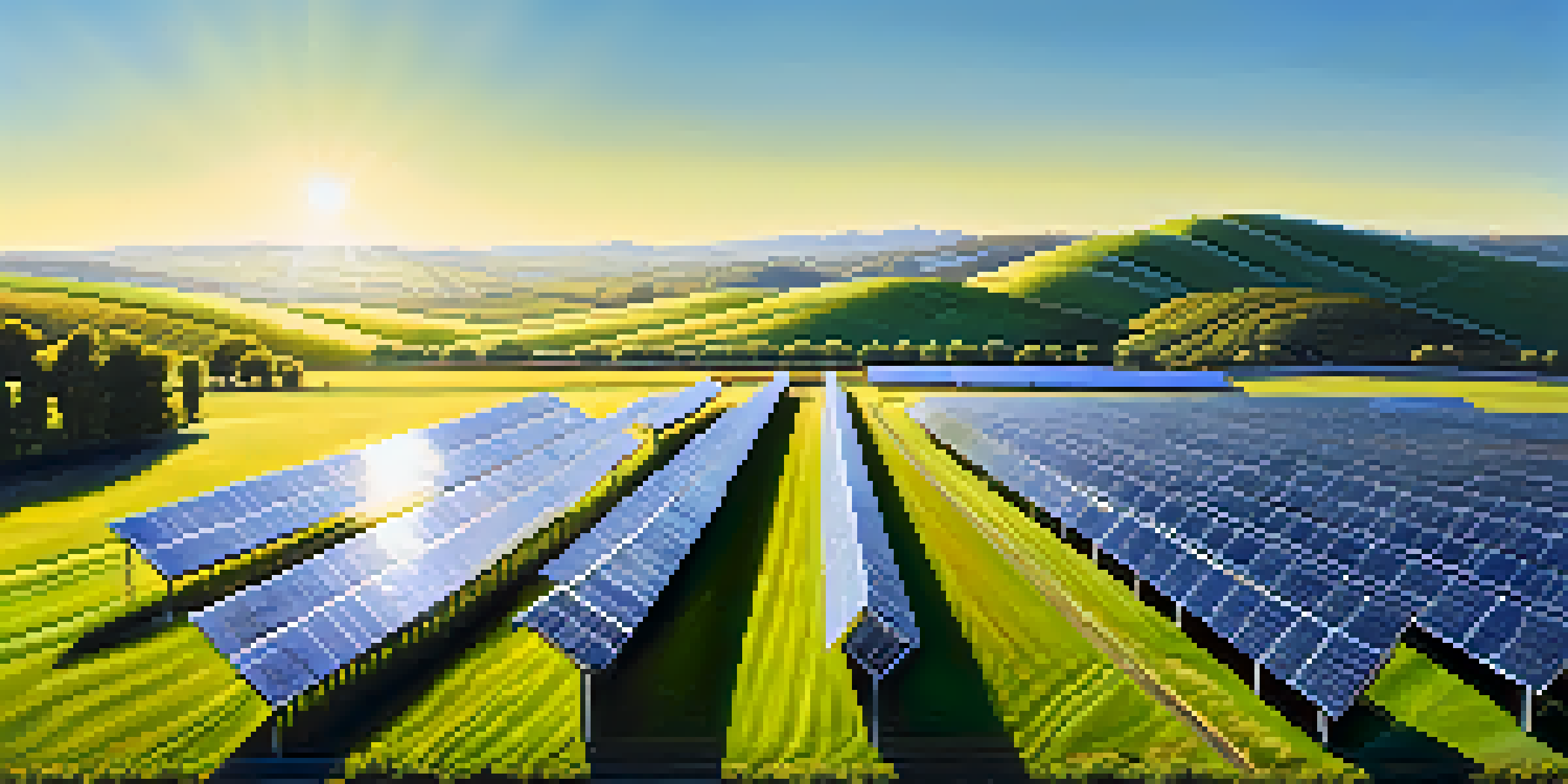 A solar farm with solar panels in a lush landscape under a clear blue sky.