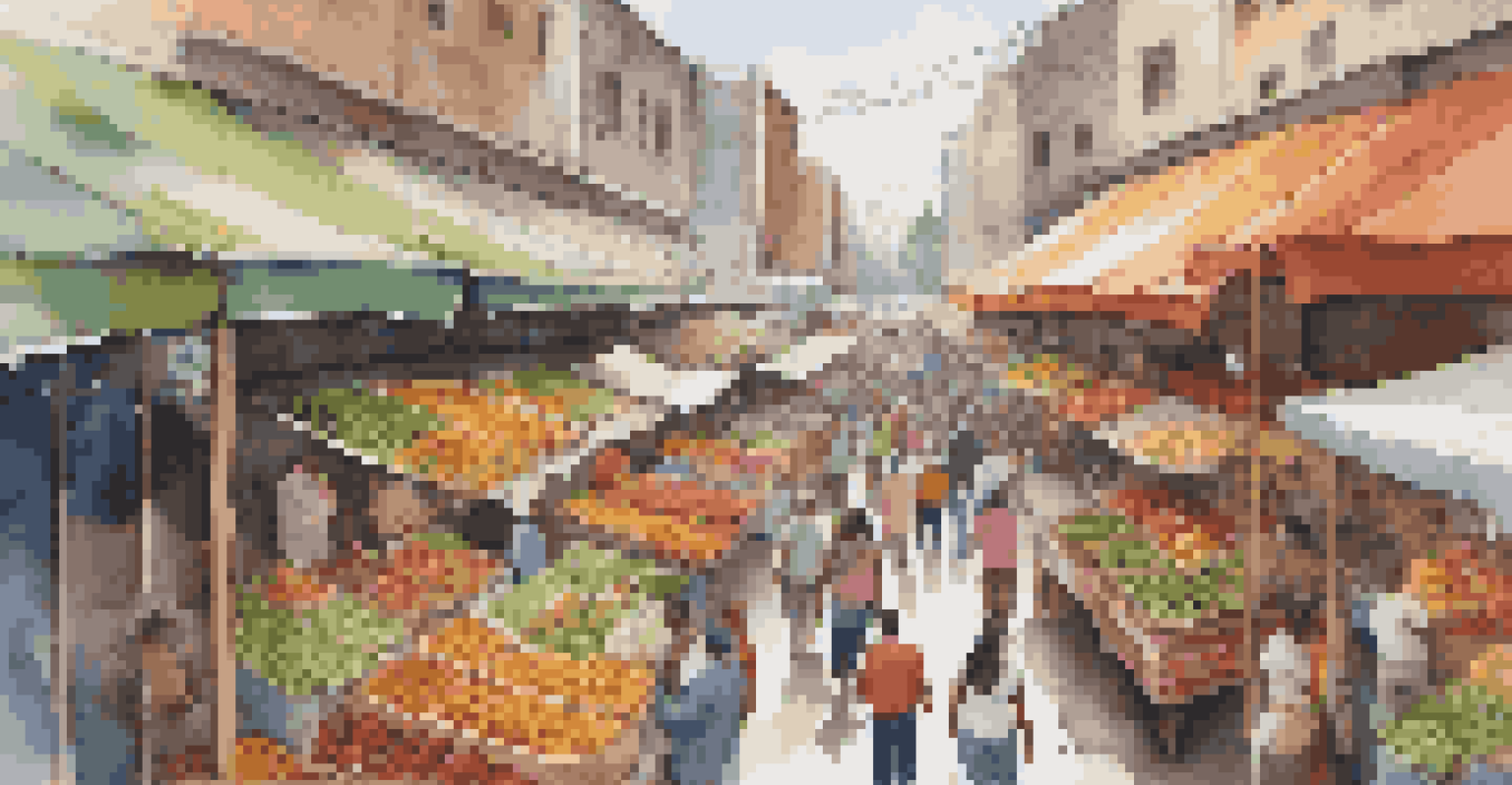 A vibrant city market scene from above, with colorful stalls and diverse people shopping and enjoying food.