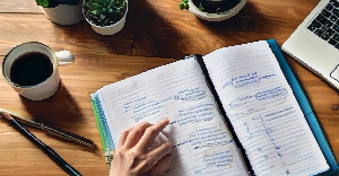 A close-up of hands writing financial goals in a planner, alongside motivational quotes and a laptop, representing the journey to financial freedom.