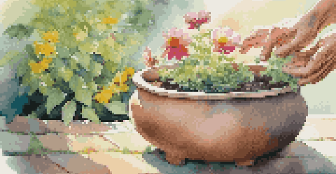 Two hands transferring a vibrant flower between pots in a sunny garden, symbolizing the concept of moving retirement funds.