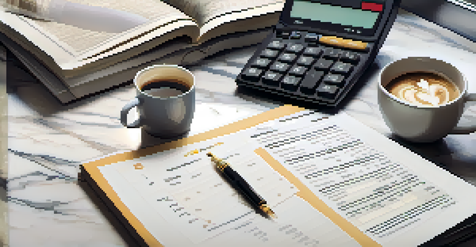 A close-up of a financial report with highlighted ratios on a marble tabletop next to a calculator, pen, and coffee cup, in soft lighting.