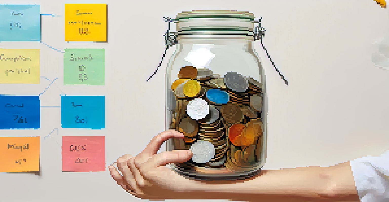A child contributing coins to a jar labeled 'College Fund', surrounded by goal charts and drawings.