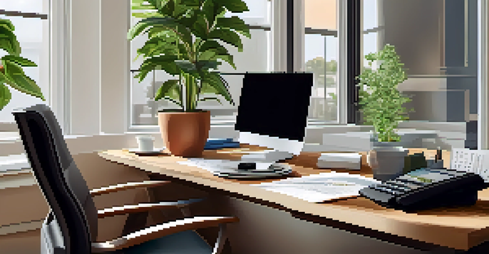 A financial advisor's office with a desk, laptop, financial reports, and natural light from windows, creating a calm atmosphere.
