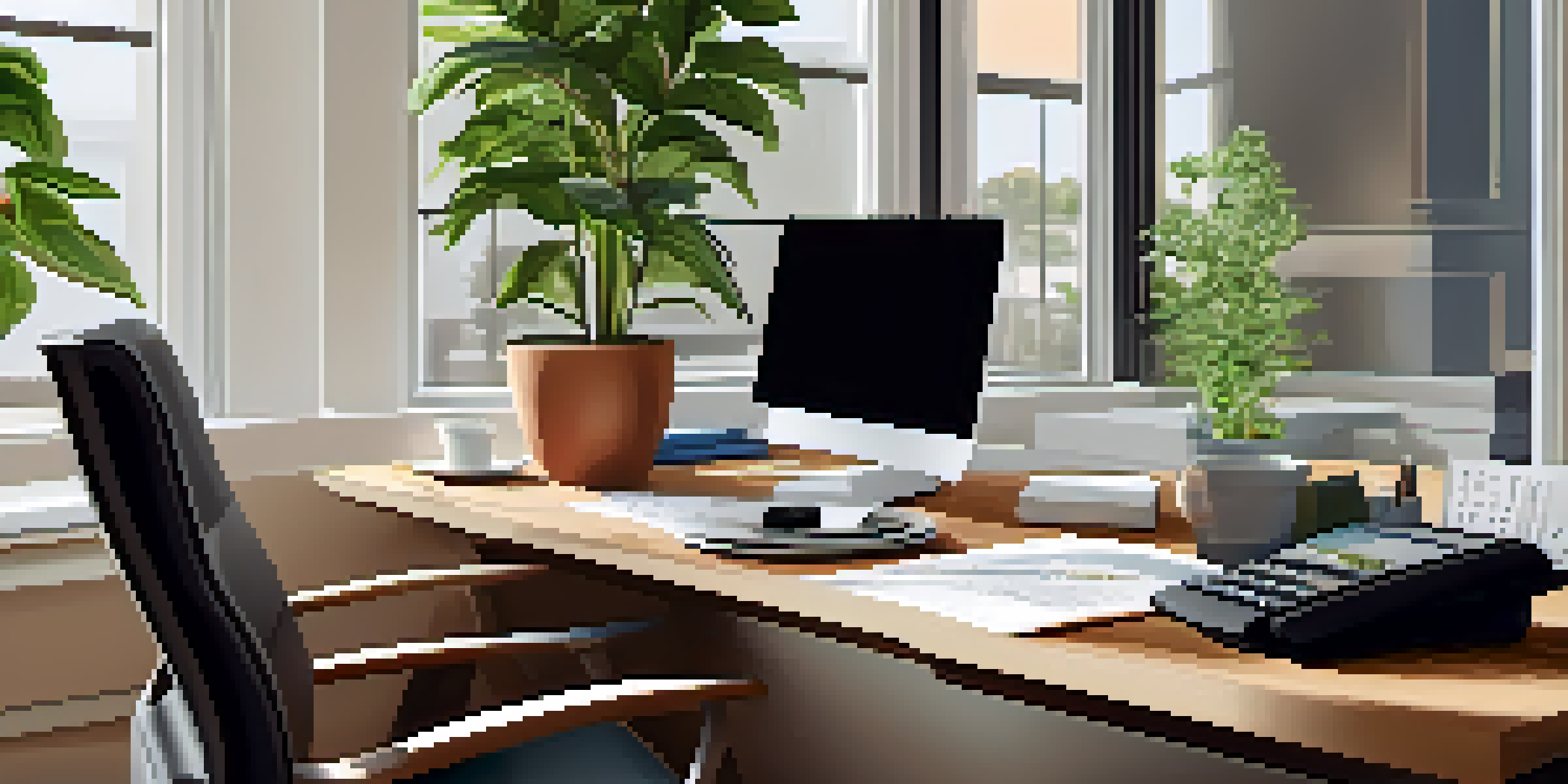 A financial advisor's office with a desk, laptop, financial reports, and natural light from windows, creating a calm atmosphere.
