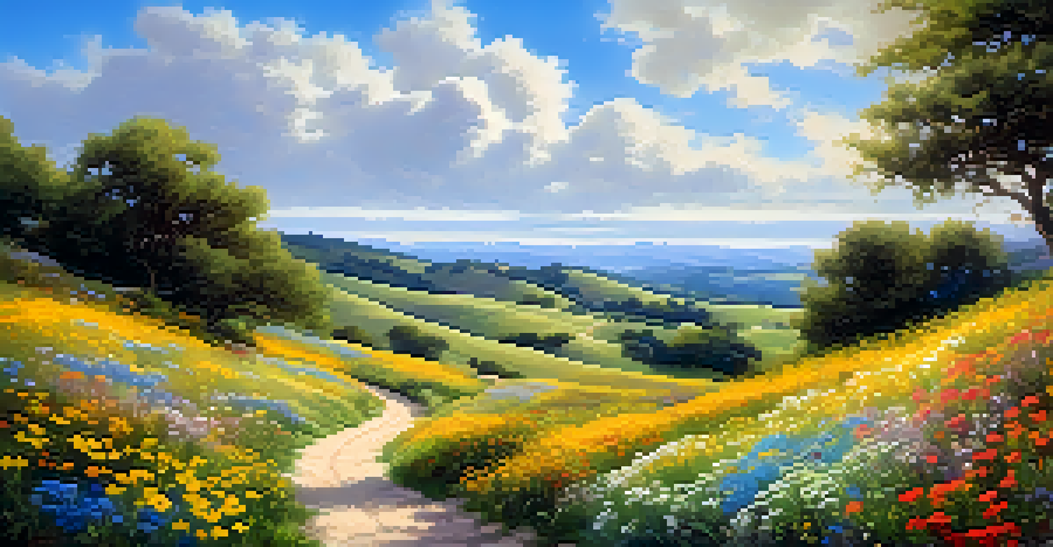 A beautiful landscape of rolling hills filled with wildflowers under a blue sky with clouds, featuring a winding path.