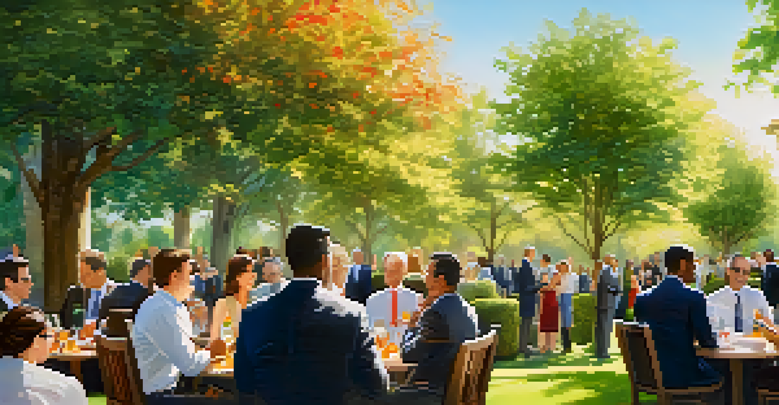 Investors networking outdoors in a garden setting.